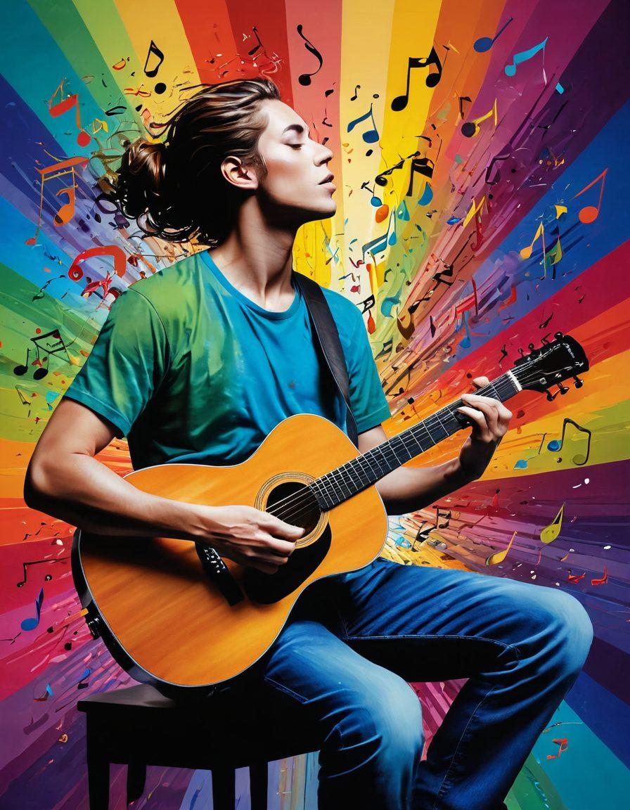 An abstract representation of a music enthusiast exploring song lyrics, with vibrant musical notes swirling around a thoughtful figure, surrounded by broken down song lyrics and emotional expressions visually represented through colors. The background features a blend of instruments like guitars and pianos, connecting the visual art to the theme of music. Create a dynamic fusion of creativity and thoughtfulness. vibrant colors. super-realistic. 3D.