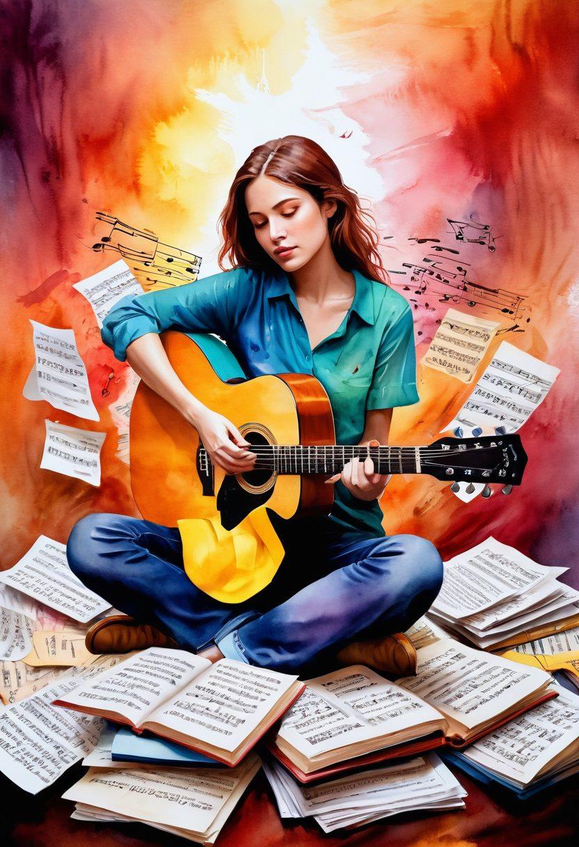 A vibrant, artistic scene depicting a songwriter surrounded by sheets of music, open books, and a guitar, with lyrical verses floating in the air like wisps of creativity. The songwriter, a diverse figure with an expressive face, is deep in thought, inspired by the colorful melodies around them. The background should feature a cozy, vintage studio filled with musical instruments and notes, capturing the essence of songwriting. watercolor painting. warm color palette. whimsical style.