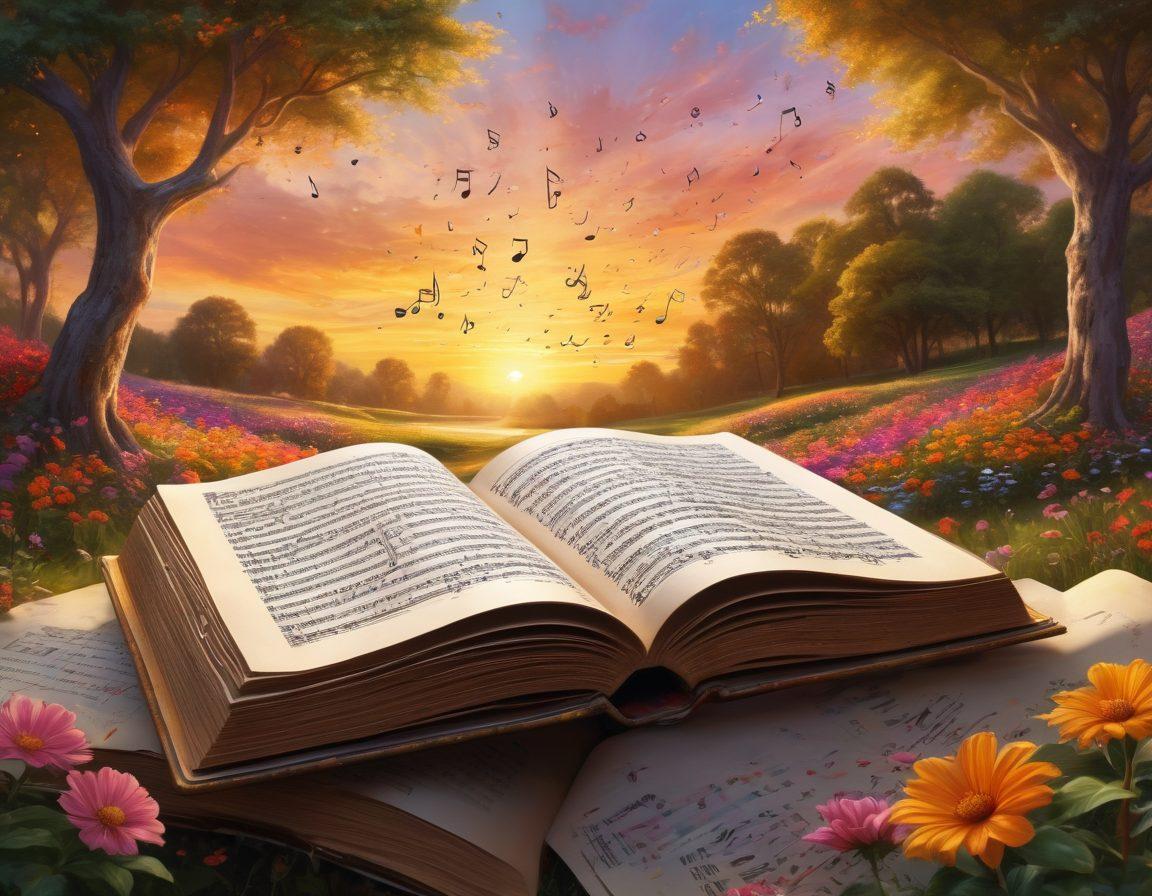 A surreal landscape featuring a giant open book with musical notes flowing out of the pages, surrounded by vibrant flowers and trees symbolizing different emotions. In the background, abstract representations of famous song lyric quotes in soft, flowing calligraphy. A serene sunset casts a golden glow over the scene, inspiring a sense of reflection and creativity. digital painting. vibrant colors. ethereal atmosphere.
